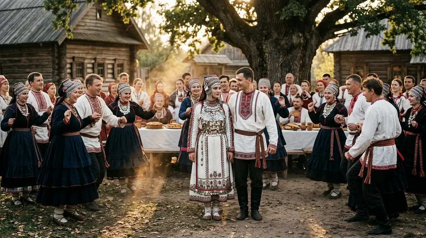 Зур агач янында милли киемнәрдәге бәйрәм